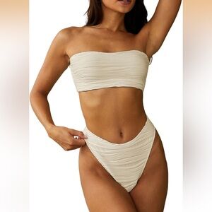 Zaful Beige Textured Bandeau Bikini Small/ 0180